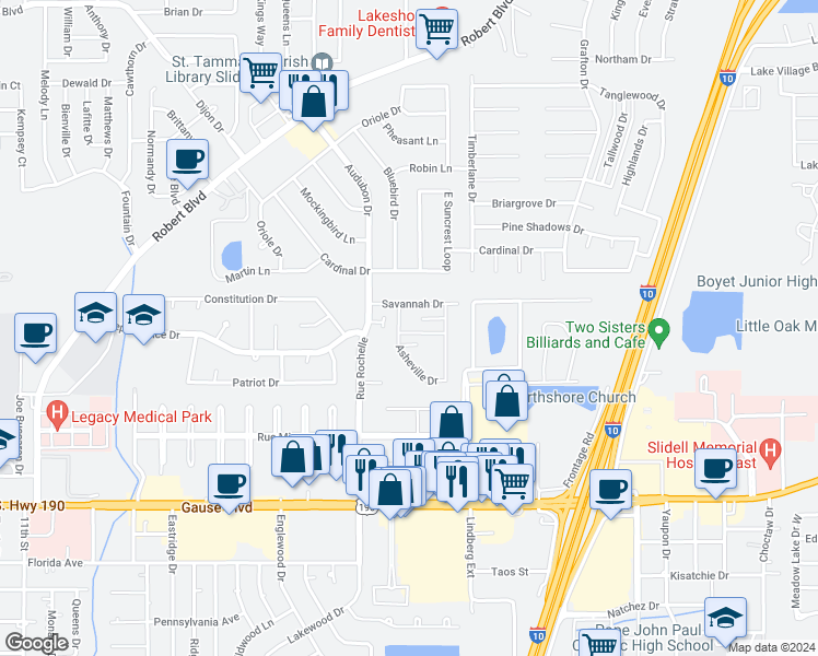 map of restaurants, bars, coffee shops, grocery stores, and more near 1506 Richmond Drive in Slidell