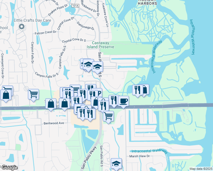 map of restaurants, bars, coffee shops, grocery stores, and more near 14388 Pelican Bay Court in Jacksonville