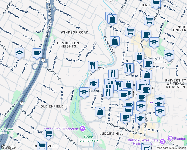map of restaurants, bars, coffee shops, grocery stores, and more near 2520 Longview Street in Austin