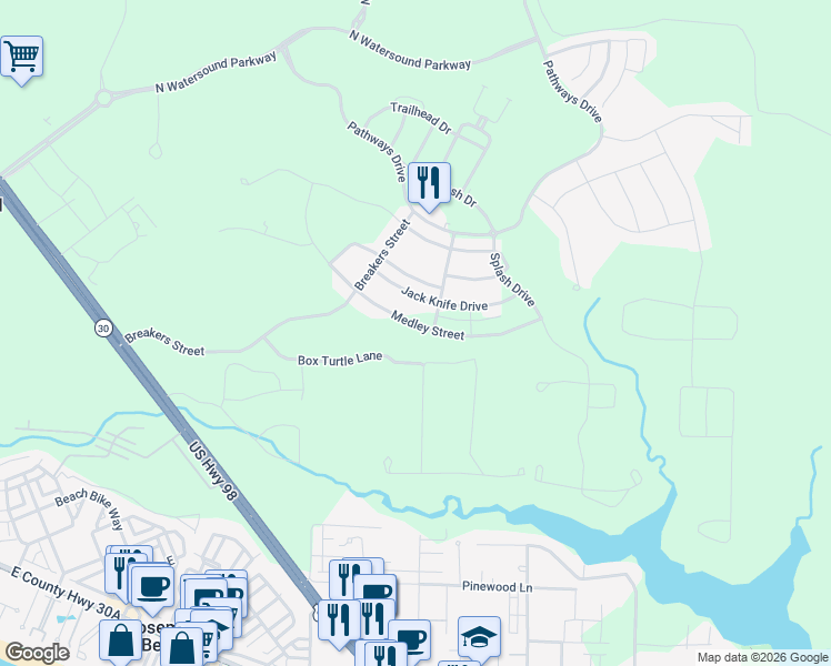 map of restaurants, bars, coffee shops, grocery stores, and more near 307 Medley Street in Rosemary Beach