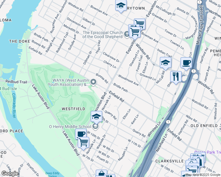 map of restaurants, bars, coffee shops, grocery stores, and more near 2617 Bridle Path in Austin