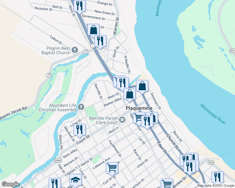 map of restaurants, bars, coffee shops, grocery stores, and more near Main Street in Plaquemine