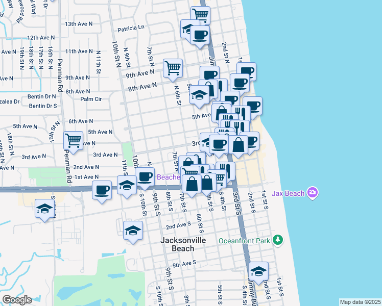 map of restaurants, bars, coffee shops, grocery stores, and more near 533 2nd Avenue North in Jacksonville Beach