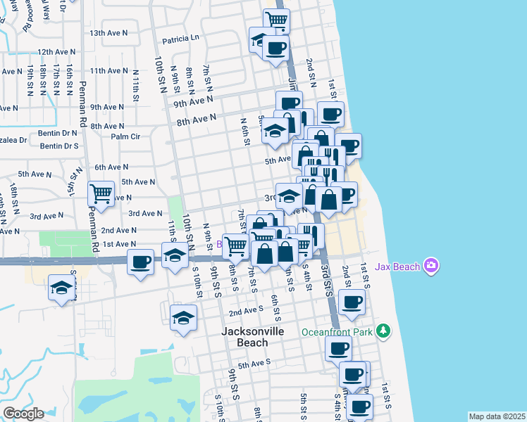 map of restaurants, bars, coffee shops, grocery stores, and more near 533 2nd Avenue North in Jacksonville Beach
