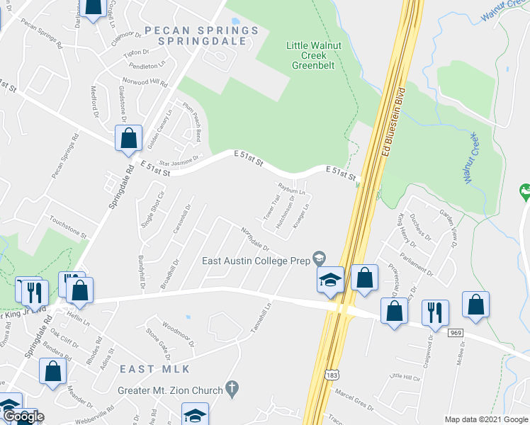 map of restaurants, bars, coffee shops, grocery stores, and more near 5220 Tower Trail in Austin