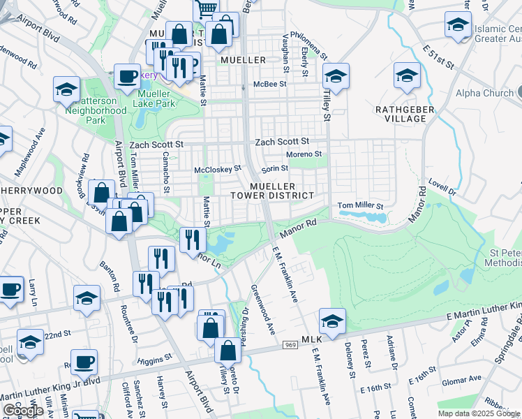 map of restaurants, bars, coffee shops, grocery stores, and more near 3917 Threadgill Street in Austin