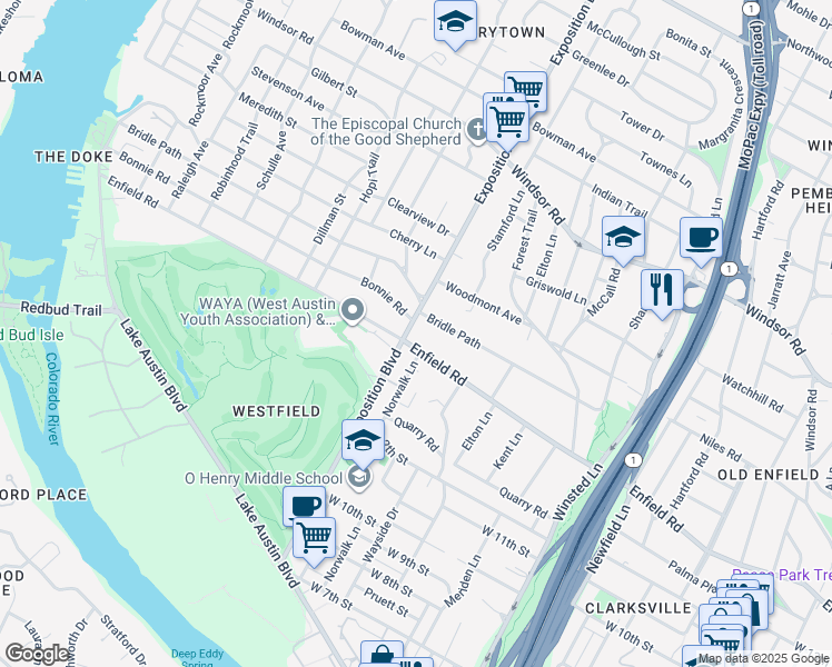 map of restaurants, bars, coffee shops, grocery stores, and more near 2606 Enfield Road in Austin