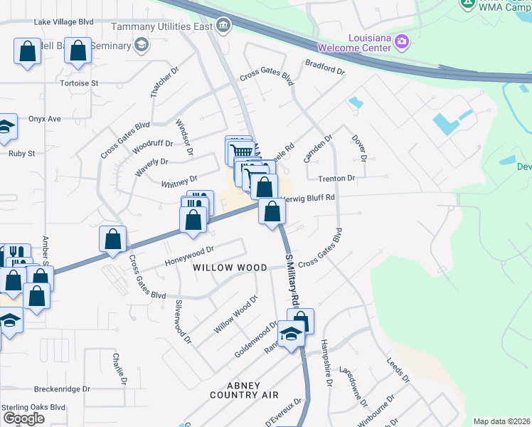 map of restaurants, bars, coffee shops, grocery stores, and more near 100 South Military Road in Slidell