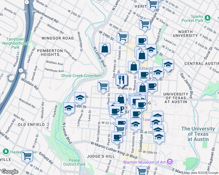 map of restaurants, bars, coffee shops, grocery stores, and more near Pearl St & W 26th St in Austin