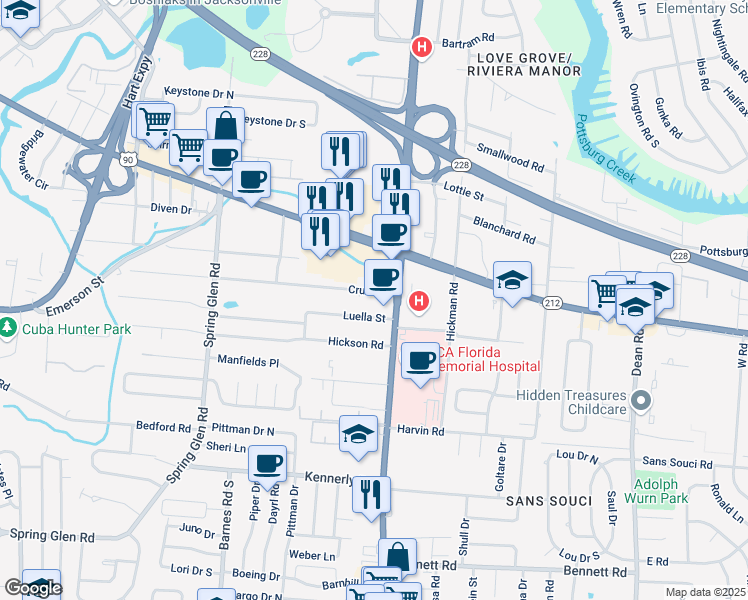 map of restaurants, bars, coffee shops, grocery stores, and more near 3420 University Boulevard South in Jacksonville