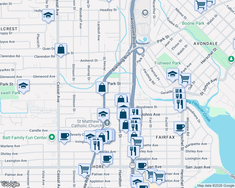 map of restaurants, bars, coffee shops, grocery stores, and more near 4567 Wheeler Avenue in Jacksonville