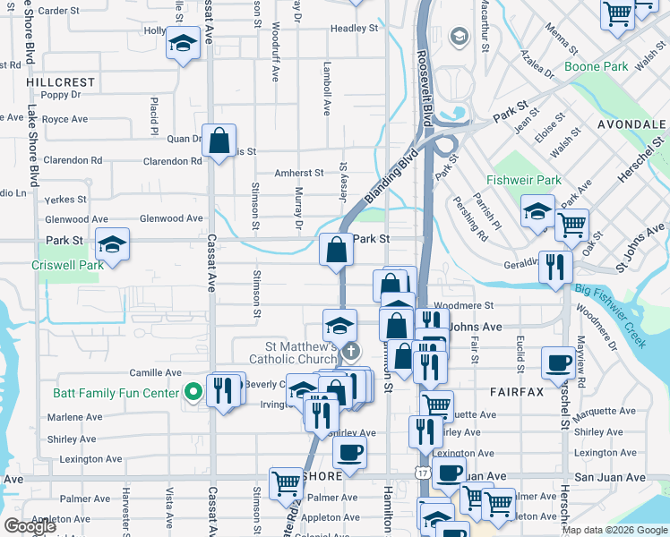 map of restaurants, bars, coffee shops, grocery stores, and more near 4609 Wheeler Avenue in Jacksonville