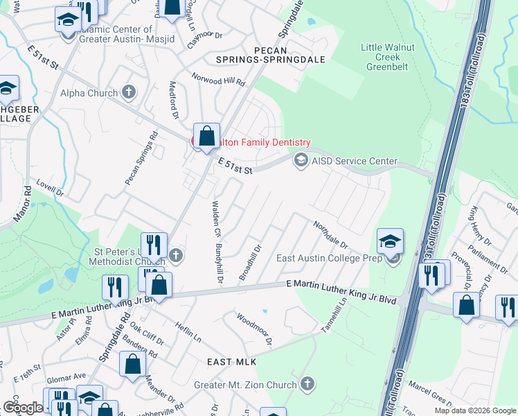 map of restaurants, bars, coffee shops, grocery stores, and more near 4905 Bundyhill Drive in Austin