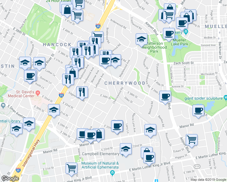 map of restaurants, bars, coffee shops, grocery stores, and more near 3706 Cherrywood Road in Austin