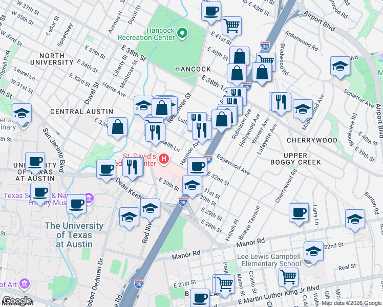 map of restaurants, bars, coffee shops, grocery stores, and more near 3233 Harmon Avenue in Austin