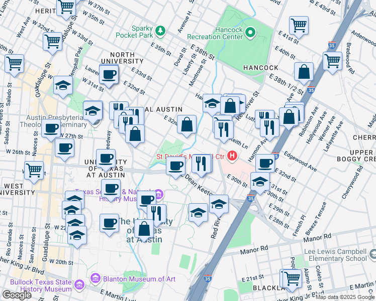 map of restaurants, bars, coffee shops, grocery stores, and more near 807 East 31st Street in Austin