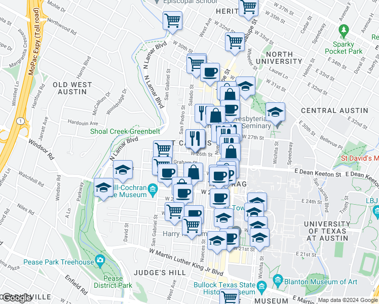 map of restaurants, bars, coffee shops, grocery stores, and more near 2606 Rio Grande Street in Austin