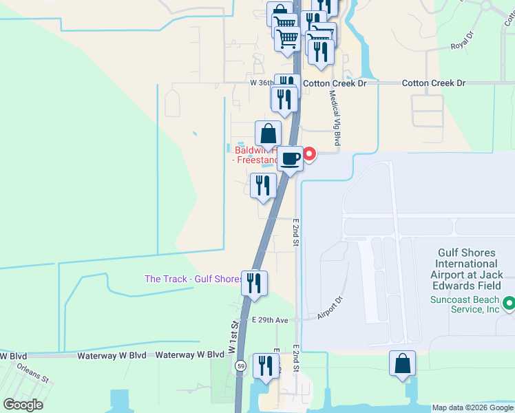 map of restaurants, bars, coffee shops, grocery stores, and more near 3401 Gulf Shores Parkway in Gulf Shores