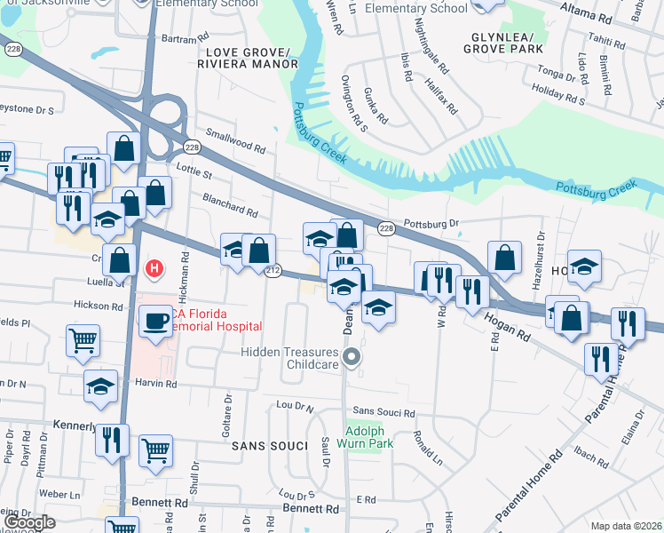 map of restaurants, bars, coffee shops, grocery stores, and more near 6605 Beach Boulevard in Jacksonville