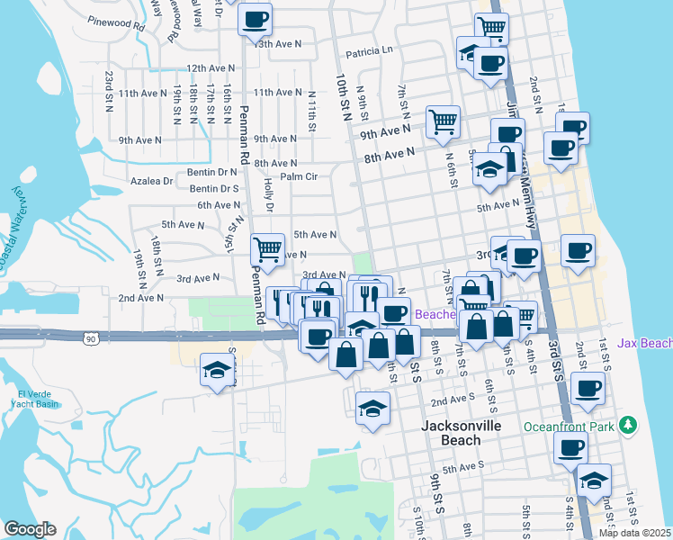 map of restaurants, bars, coffee shops, grocery stores, and more near 1131 3rd Avenue North in Jacksonville Beach