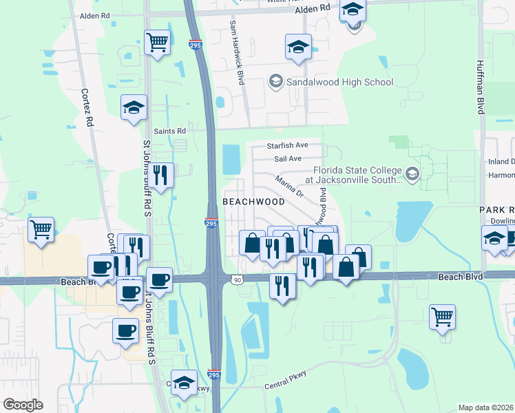 map of restaurants, bars, coffee shops, grocery stores, and more near 11604 Cape Horn Avenue in Jacksonville