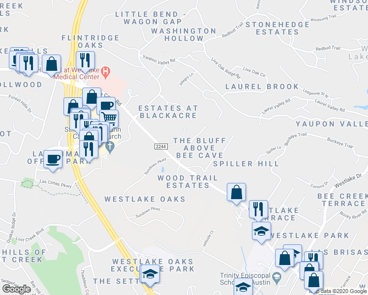 map of restaurants, bars, coffee shops, grocery stores, and more near 110 Bluff Park Circle in West Lake Hills