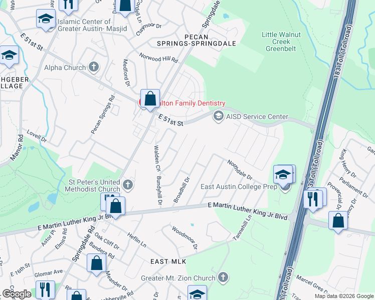map of restaurants, bars, coffee shops, grocery stores, and more near 4905 Bundyhill Drive in Austin
