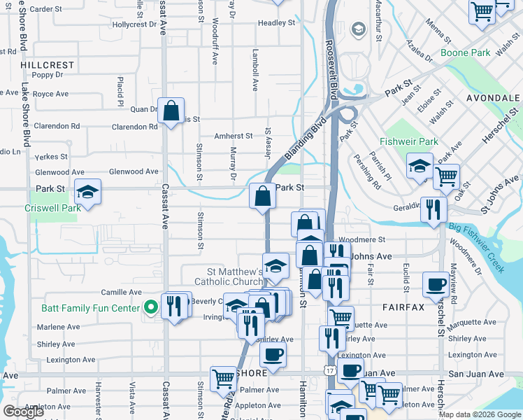 map of restaurants, bars, coffee shops, grocery stores, and more near 4609 Wheeler Avenue in Jacksonville