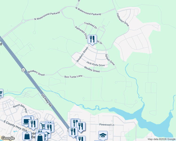 map of restaurants, bars, coffee shops, grocery stores, and more near 307 Medley Street in Walton County