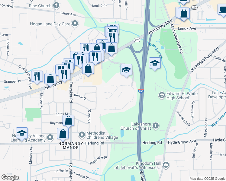 map of restaurants, bars, coffee shops, grocery stores, and more near 1634 Spring Branch Drive East in Jacksonville