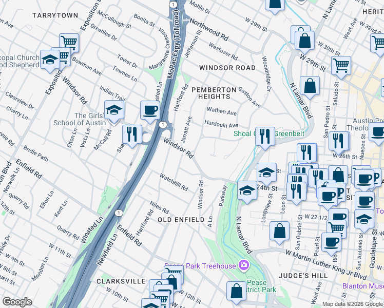 map of restaurants, bars, coffee shops, grocery stores, and more near 2408 Windsor Road in Austin
