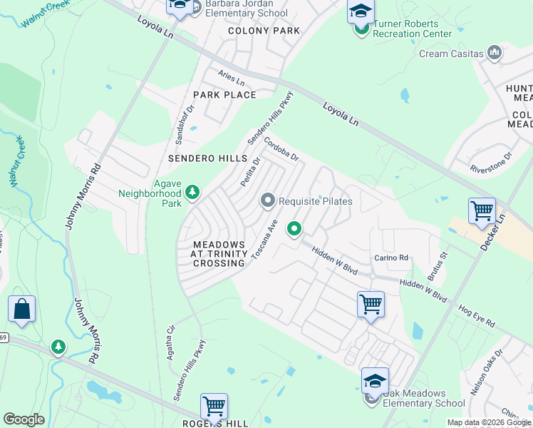 map of restaurants, bars, coffee shops, grocery stores, and more near 6037 Florencia Lane in Austin