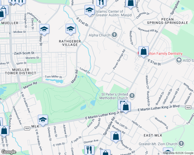 map of restaurants, bars, coffee shops, grocery stores, and more near 4601 Cedar Point Drive in Austin