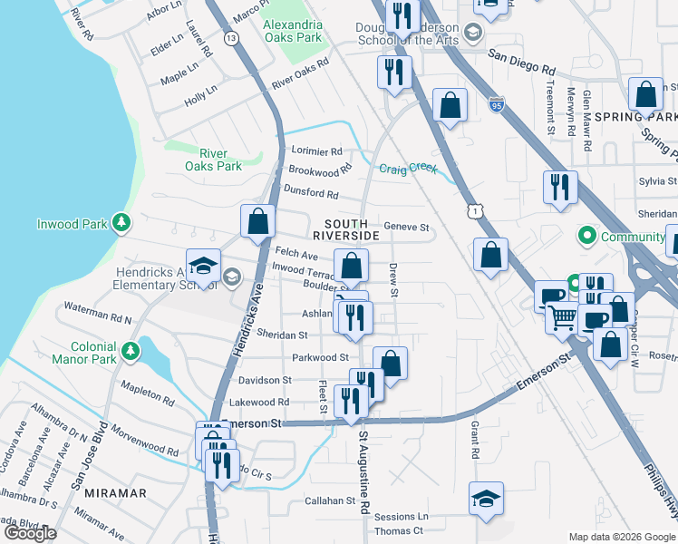map of restaurants, bars, coffee shops, grocery stores, and more near 1905 Inwood Terrace in Jacksonville