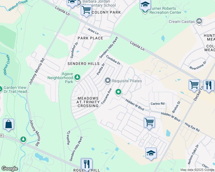 map of restaurants, bars, coffee shops, grocery stores, and more near 6037 Florencia Lane in Austin