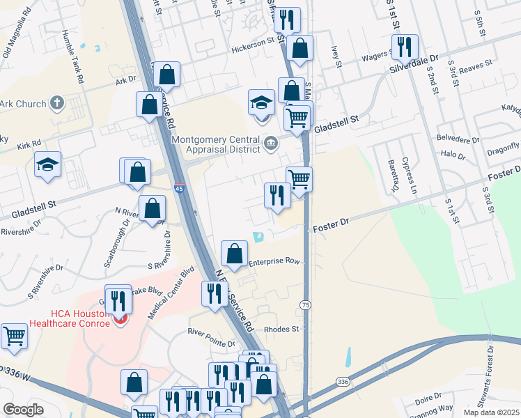 map of restaurants, bars, coffee shops, grocery stores, and more near 1200 South Frazier Street in Conroe