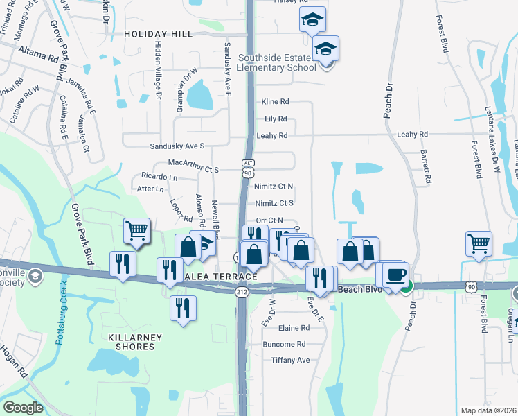 map of restaurants, bars, coffee shops, grocery stores, and more near 9718 Nimitz Court North in Jacksonville