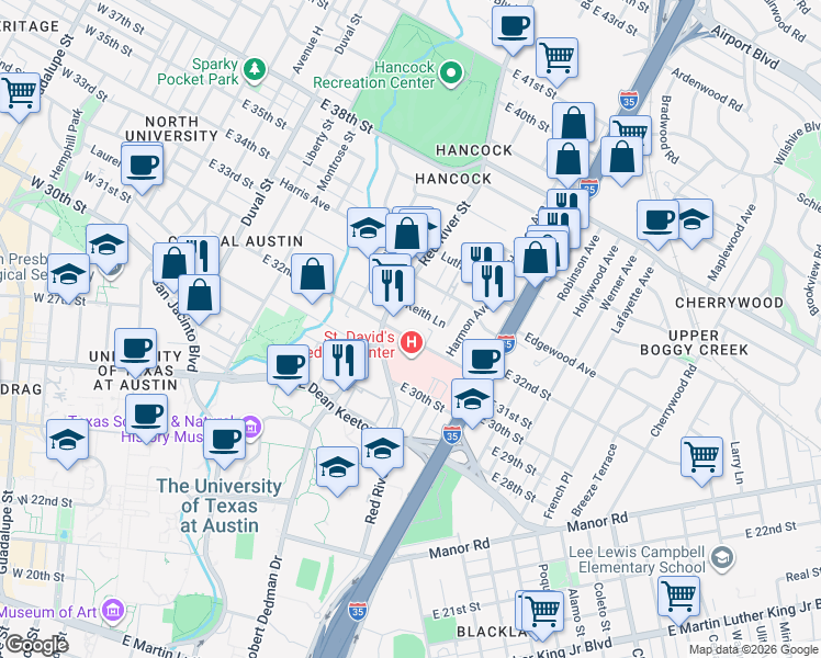 map of restaurants, bars, coffee shops, grocery stores, and more near 919 1/2 East 32nd Street in Austin