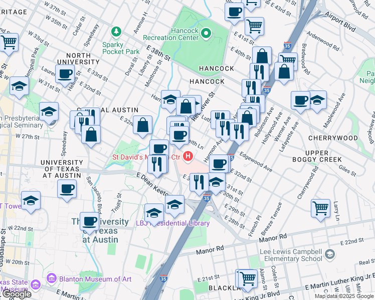 map of restaurants, bars, coffee shops, grocery stores, and more near 3203 Red River Street in Austin