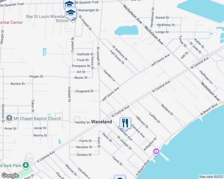 map of restaurants, bars, coffee shops, grocery stores, and more near 200 Jeff Davis Avenue in Waveland