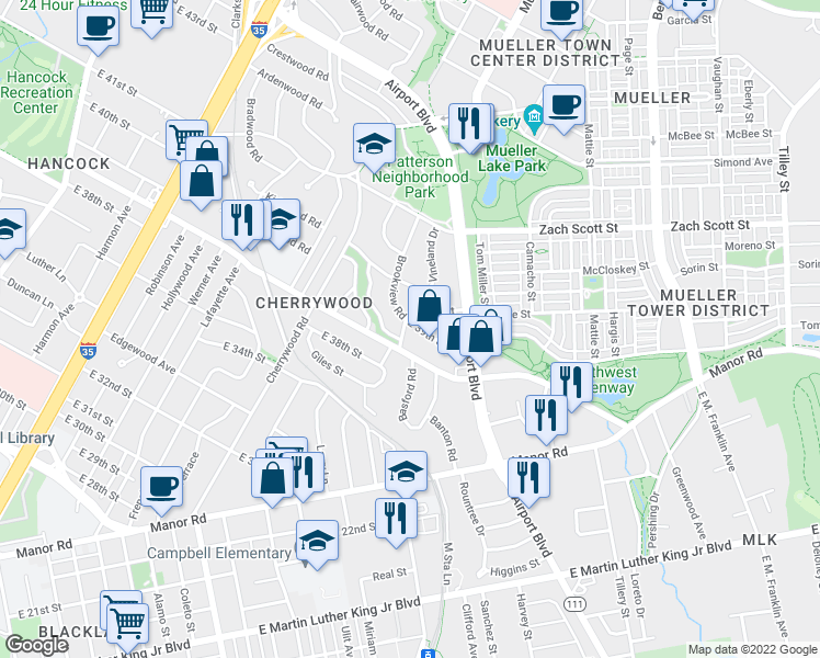 map of restaurants, bars, coffee shops, grocery stores, and more near 3815 Brookview Road in Austin
