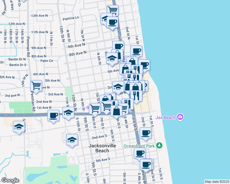 map of restaurants, bars, coffee shops, grocery stores, and more near 429 2nd Avenue North in Jacksonville Beach