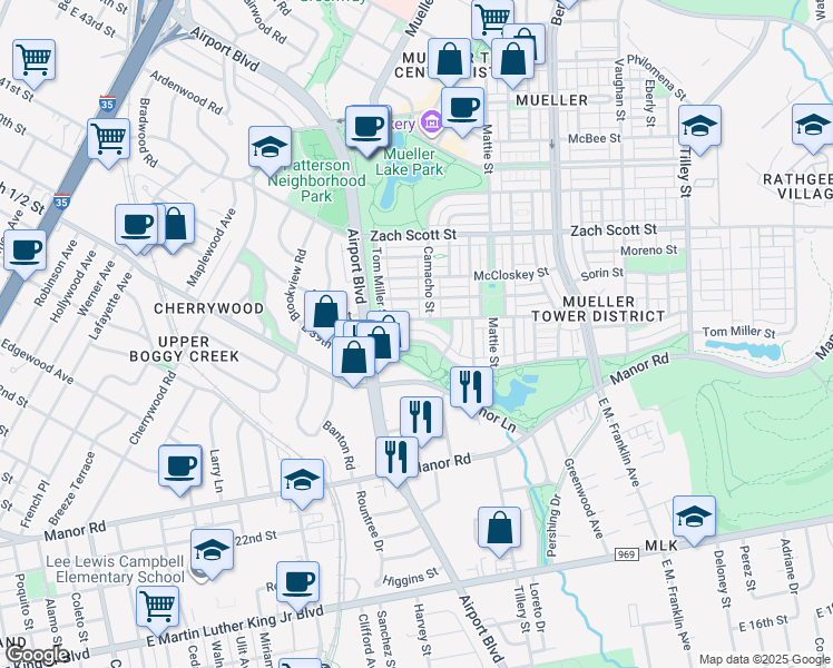 map of restaurants, bars, coffee shops, grocery stores, and more near 2324 Tom Miller Street in Austin