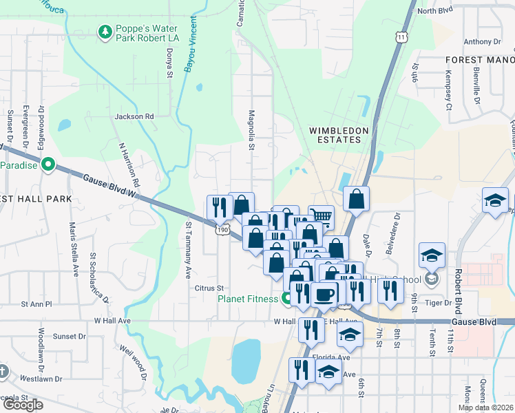 map of restaurants, bars, coffee shops, grocery stores, and more near 925 North Magnolia Street in Slidell