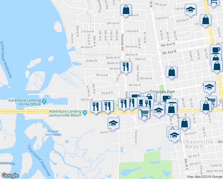map of restaurants, bars, coffee shops, grocery stores, and more near 402 16th Street North in Jacksonville Beach