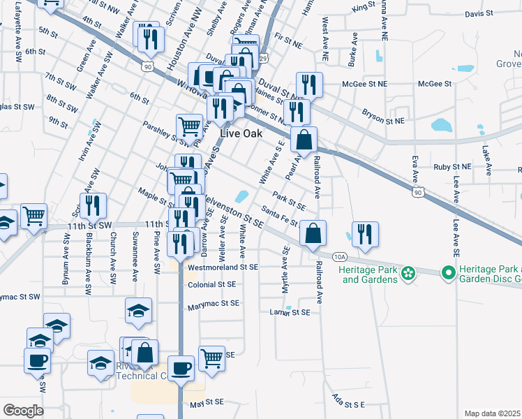 map of restaurants, bars, coffee shops, grocery stores, and more near 412 Santa Fe Street South East in Live Oak