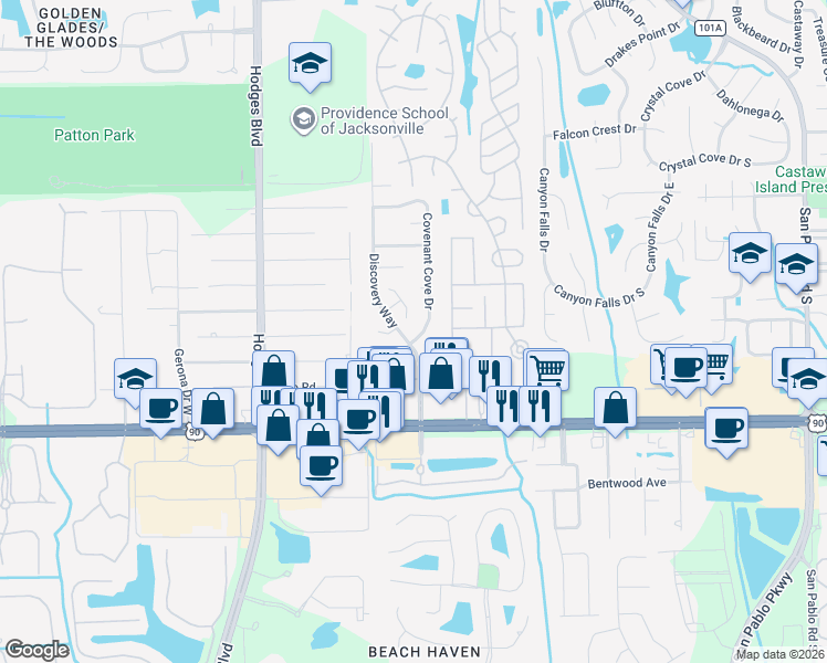 map of restaurants, bars, coffee shops, grocery stores, and more near 3102 Covenant Cove Drive in Jacksonville