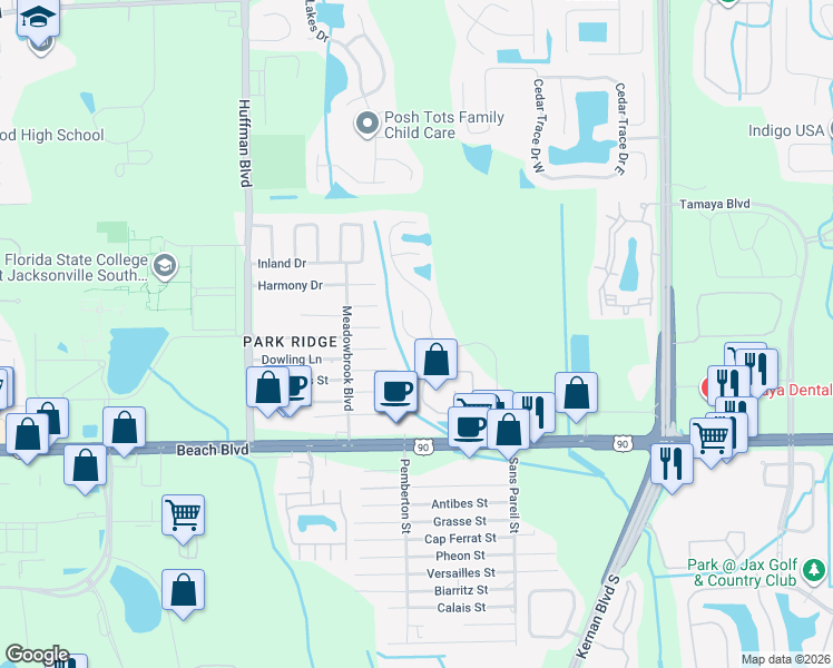 map of restaurants, bars, coffee shops, grocery stores, and more near 2967 Sans Pareil Street in Jacksonville