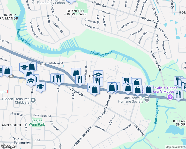 map of restaurants, bars, coffee shops, grocery stores, and more near 1713 El Camino Road in Jacksonville