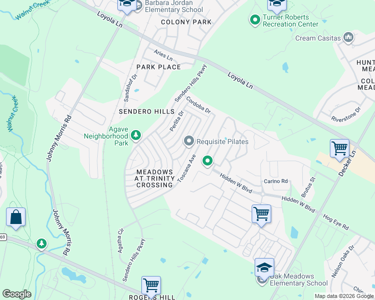 map of restaurants, bars, coffee shops, grocery stores, and more near 6037 Florencia Lane in Austin